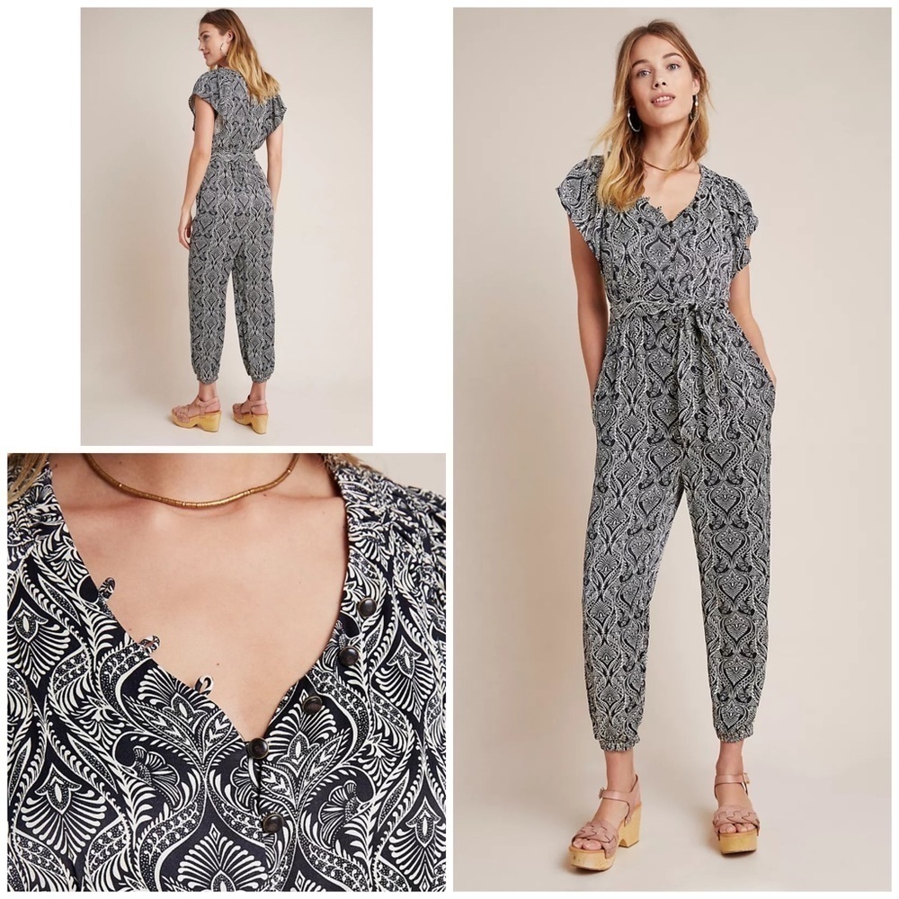 NWT by Anthropologie Zadie Satin Paisley Batik Black & White Jumpsuit 4 Petite‍﻿